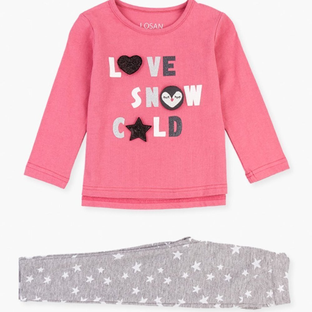 NWT LOSAN PINK T-SHIRT AND STAR GRAY MIX TROUSERS SET